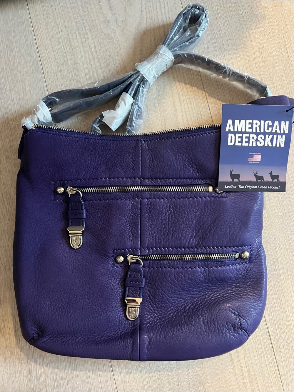 Purple Leather Crossbody Bag with Front Zip Pockets